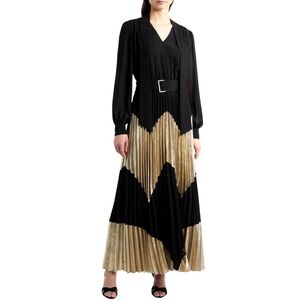 Elie Tahari Dress Carrie Pleated Chevron Maxi Black Gold $495 MSRP Size 8